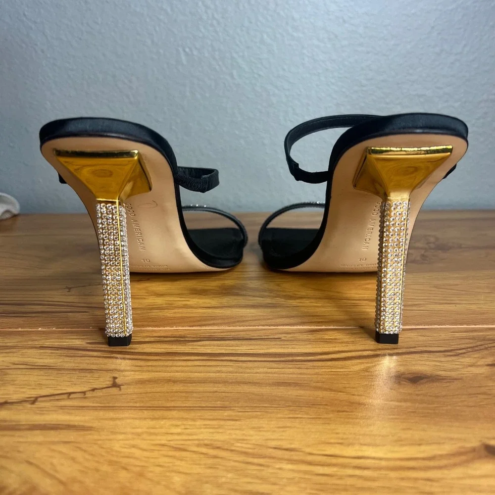 Good American Rhinestone Square Toe Heel Sandal Size 10 Black Glam Stiletto